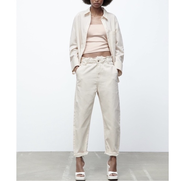 Zara High-Waisted Paper Bag Jeans Pants Like New 6 Ecru Mango - Picture 2 of 16